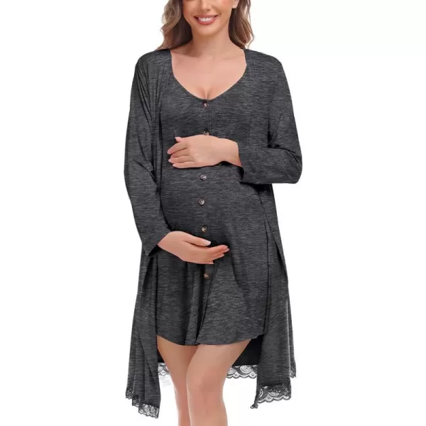 SWOMOG Womens Maternity Nursing Nightgown and Lace Robe Set 3 in 1 Labor Delivery Button Down Nursing Dress 2 Piece SleepwearDeep Grey