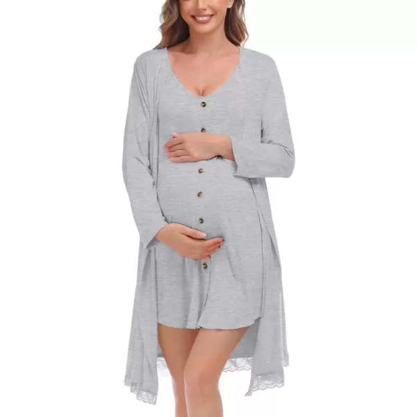 SWOMOG Womens Maternity Nursing Nightgown and Lace Robe Set 3 in 1 Labor Delivery Button Down Nursing Dress 2 Piece SleepwearGrey