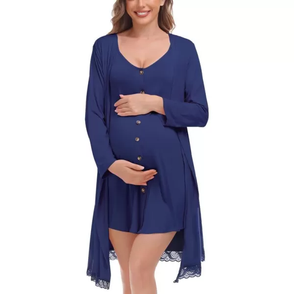 SWOMOG Womens Maternity Nursing Nightgown and Lace Robe Set 3 in 1 Labor Delivery Button Down Nursing Dress 2 Piece SleepwearNavy Blue