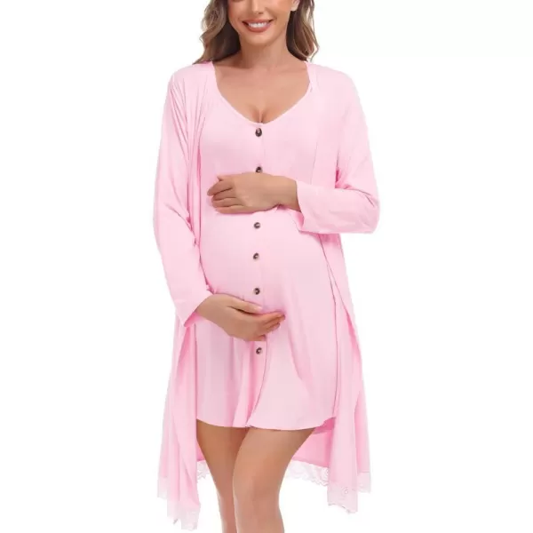 SWOMOG Womens Maternity Nursing Nightgown and Lace Robe Set 3 in 1 Labor Delivery Button Down Nursing Dress 2 Piece SleepwearPink