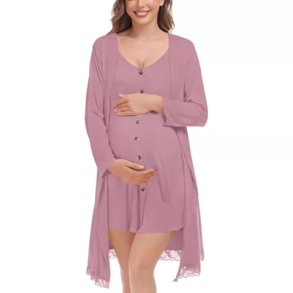 SWOMOG Womens Maternity Nursing Nightgown and Lace Robe Set 3 in 1 Labor Delivery Button Down Nursing Dress 2 Piece SleepwearTaro Purple