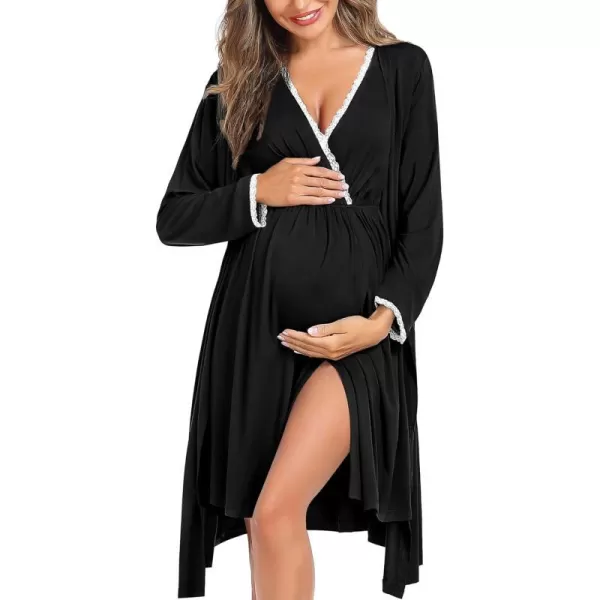 SWOMOG Womens Maternity Nursing Nightgown and Robe Set 3 in 1 Labor Delivery Gown for Breastfeeding Hospital BathrobeBlack