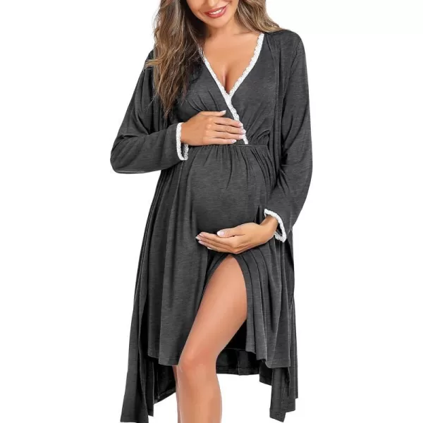 SWOMOG Womens Maternity Nursing Nightgown and Robe Set 3 in 1 Labor Delivery Gown for Breastfeeding Hospital BathrobeDark Gray