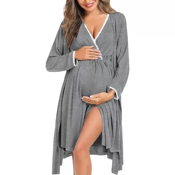 SWOMOG Womens Maternity Nursing Nightgown and Robe Set 3 in 1 Labor Delivery Gown for Breastfeeding Hospital BathrobeGray