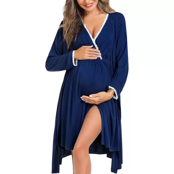 SWOMOG Womens Maternity Nursing Nightgown and Robe Set 3 in 1 Labor Delivery Gown for Breastfeeding Hospital BathrobeNavy Blue