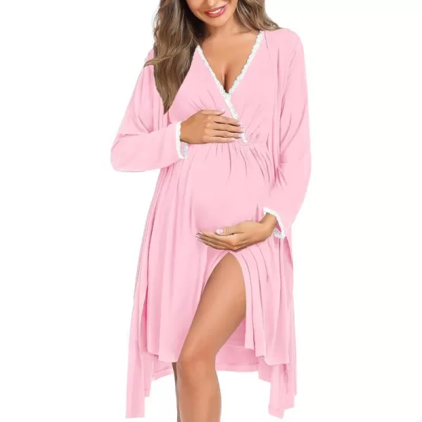 SWOMOG Womens Maternity Nursing Nightgown and Robe Set 3 in 1 Labor Delivery Gown for Breastfeeding Hospital BathrobePink