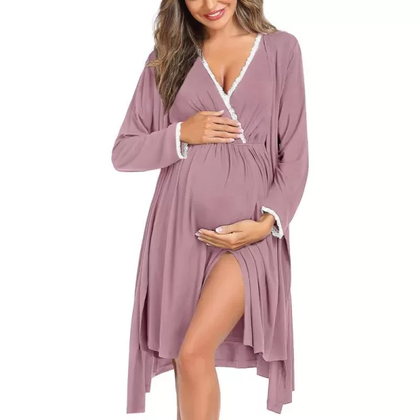 SWOMOG Womens Maternity Nursing Nightgown and Robe Set 3 in 1 Labor Delivery Gown for Breastfeeding Hospital BathrobeTaro Purple