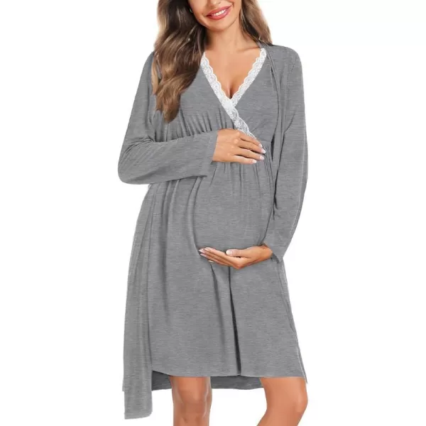 SWOMOG Womens Maternity Nursing Nightgown and Robe Set 3 in 1 PregnancyDeliveryLabor Lace Dress for BreastfeedingGray