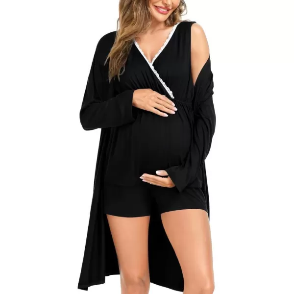 SWOMOG Womens Maternity Nursing Pajama Set with Robe 3 Piece Breastfeeding Sleepwear Sleeveless Top amp Shorts Pregnancy PJsBlack