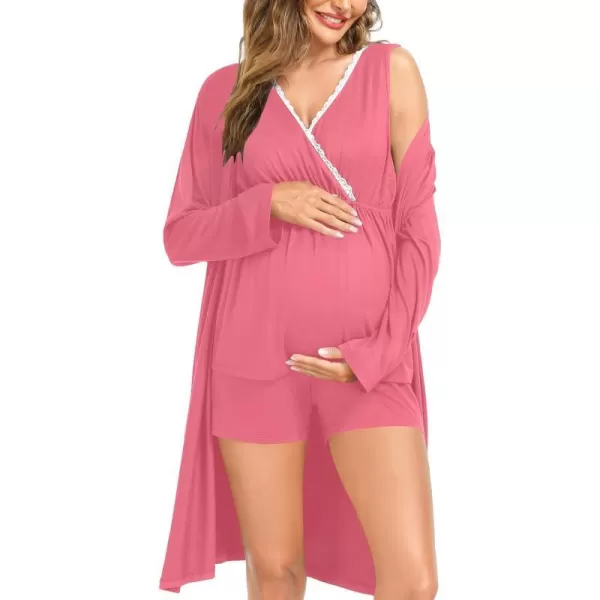 SWOMOG Womens Maternity Nursing Pajama Set with Robe 3 Piece Breastfeeding Sleepwear Sleeveless Top amp Shorts Pregnancy PJsCoral