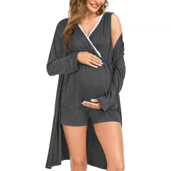 SWOMOG Womens Maternity Nursing Pajama Set with Robe 3 Piece Breastfeeding Sleepwear Sleeveless Top amp Shorts Pregnancy PJsDeep Grey