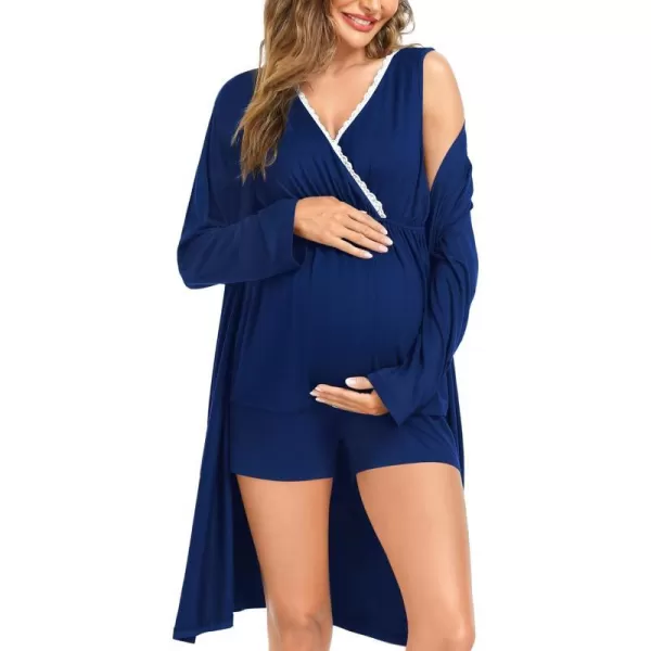 SWOMOG Womens Maternity Nursing Pajama Set with Robe 3 Piece Breastfeeding Sleepwear Sleeveless Top amp Shorts Pregnancy PJsNavy Blue