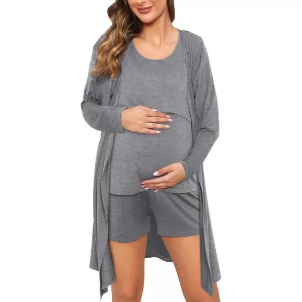 SWOMOG Womens Maternity Nursing Robe Set 3 Piece Pajamas for Breastfeeding 3 in 1 Pregnancy Labor Delivery Hospital PjsGrey