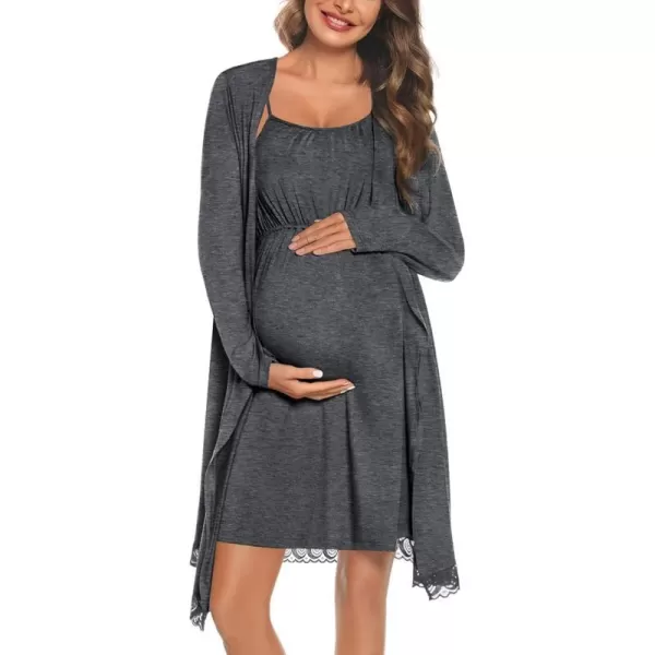 SWOMOG Womens Maternity Robe 2 Piece Nursing Nightgown and Robe Set 3 in 1 Hospital Breastfeeding Bathrobe with PocketsDark Grey