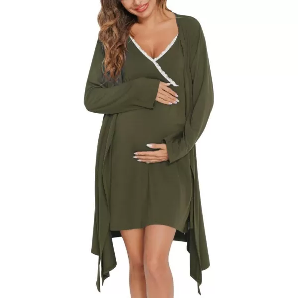 SWOMOG Womens Maternity Robe 2 Piece Nursing Nightgown for Breastfeeding 3 in 1 Labor Delivery Nursing Dress Lace Bathrobe0 Army Green