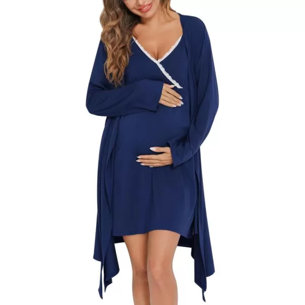 SWOMOG Womens Maternity Robe 2 Piece Nursing Nightgown for Breastfeeding 3 in 1 Labor Delivery Nursing Dress Lace Bathrobe0 Navy Blue