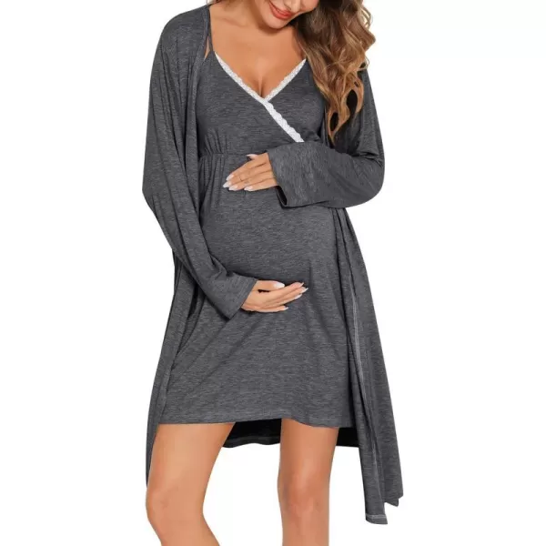 SWOMOG Womens Maternity Robe 2 Piece Nursing Nightgown for Breastfeeding 3 in 1 Labor Delivery Nursing Dress Lace BathrobeAdark Gray