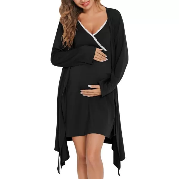 SWOMOG Womens Maternity Robe 2 Piece Nursing Nightgown for Breastfeeding 3 in 1 Labor Delivery Nursing Dress Lace BathrobeBlack