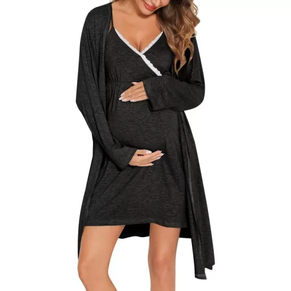 SWOMOG Womens Maternity Robe 2 Piece Nursing Nightgown for Breastfeeding 3 in 1 Labor Delivery Nursing Dress Lace BathrobeBlack Grey