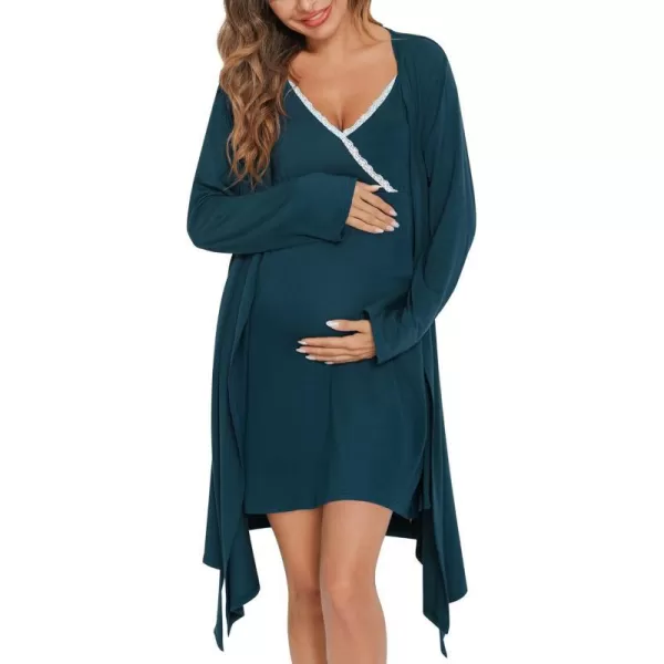 SWOMOG Womens Maternity Robe 2 Piece Nursing Nightgown for Breastfeeding 3 in 1 Labor Delivery Nursing Dress Lace BathrobeBlue Green