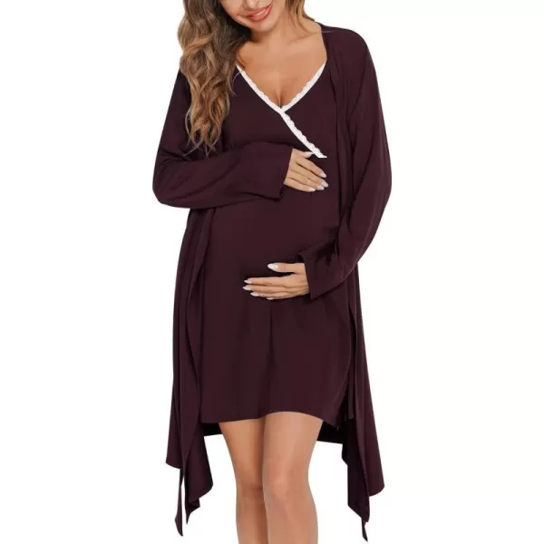 SWOMOG Womens Maternity Robe 2 Piece Nursing Nightgown for Breastfeeding 3 in 1 Labor Delivery Nursing Dress Lace BathrobeCmaroon