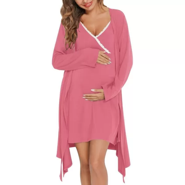 SWOMOG Womens Maternity Robe 2 Piece Nursing Nightgown for Breastfeeding 3 in 1 Labor Delivery Nursing Dress Lace BathrobeCoral