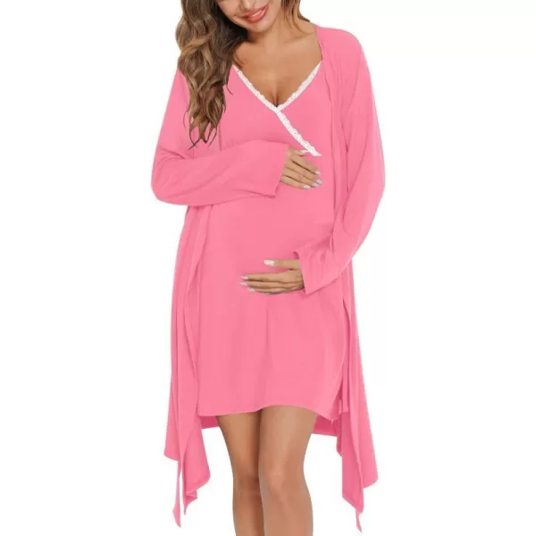 SWOMOG Womens Maternity Robe 2 Piece Nursing Nightgown for Breastfeeding 3 in 1 Labor Delivery Nursing Dress Lace BathrobeCpeach Powder