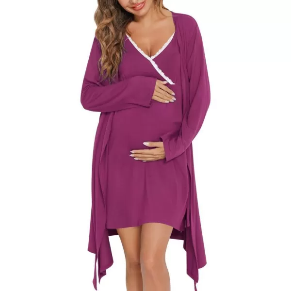 SWOMOG Womens Maternity Robe 2 Piece Nursing Nightgown for Breastfeeding 3 in 1 Labor Delivery Nursing Dress Lace BathrobeCwineberry