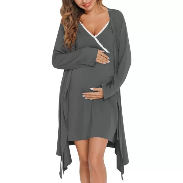 SWOMOG Womens Maternity Robe 2 Piece Nursing Nightgown for Breastfeeding 3 in 1 Labor Delivery Nursing Dress Lace BathrobeDeep Grey