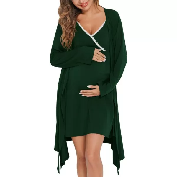 SWOMOG Womens Maternity Robe 2 Piece Nursing Nightgown for Breastfeeding 3 in 1 Labor Delivery Nursing Dress Lace BathrobeGreen