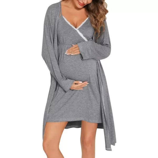 SWOMOG Womens Maternity Robe 2 Piece Nursing Nightgown for Breastfeeding 3 in 1 Labor Delivery Nursing Dress Lace BathrobeGrey