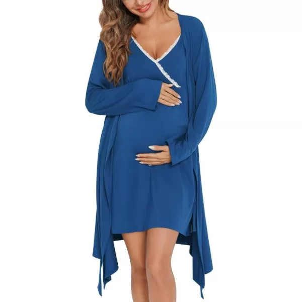 SWOMOG Womens Maternity Robe 2 Piece Nursing Nightgown for Breastfeeding 3 in 1 Labor Delivery Nursing Dress Lace BathrobeNavy