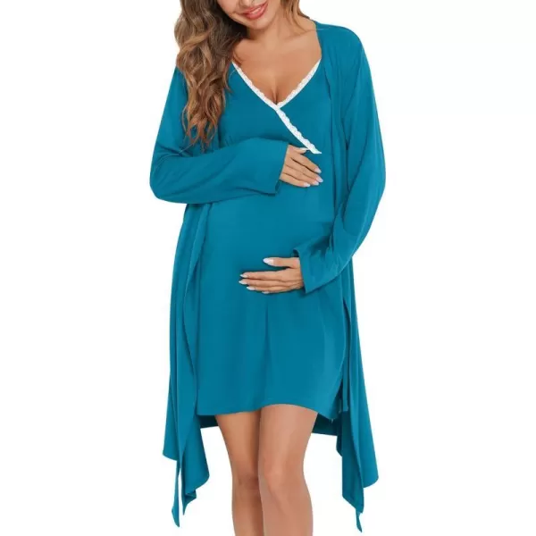 SWOMOG Womens Maternity Robe 2 Piece Nursing Nightgown for Breastfeeding 3 in 1 Labor Delivery Nursing Dress Lace BathrobePeacock Blue