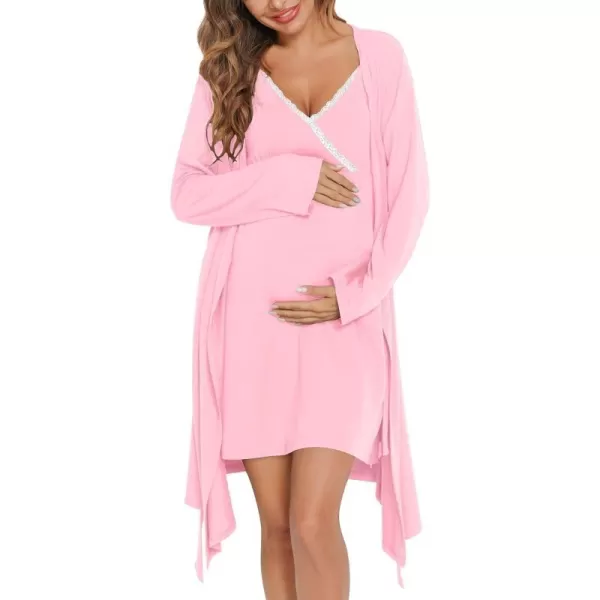 SWOMOG Womens Maternity Robe 2 Piece Nursing Nightgown for Breastfeeding 3 in 1 Labor Delivery Nursing Dress Lace BathrobePink