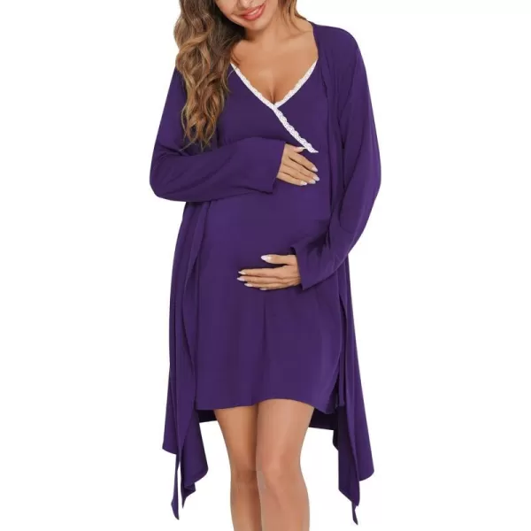 SWOMOG Womens Maternity Robe 2 Piece Nursing Nightgown for Breastfeeding 3 in 1 Labor Delivery Nursing Dress Lace BathrobePurple