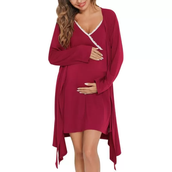 SWOMOG Womens Maternity Robe 2 Piece Nursing Nightgown for Breastfeeding 3 in 1 Labor Delivery Nursing Dress Lace BathrobeWine Red