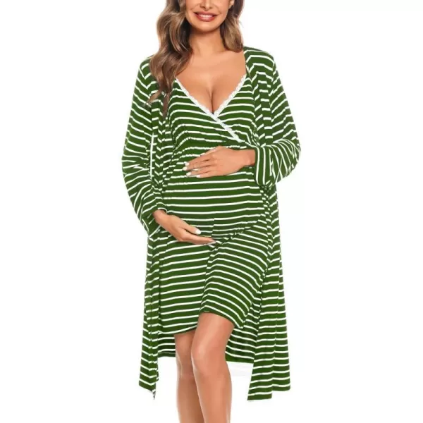 SWOMOG Womens Maternity Robe 2 Piece Nursing Nightgown for Breastfeeding 3 in 1 Labor Delivery Nursing Dress Lace BathrobeZgreen Stripe