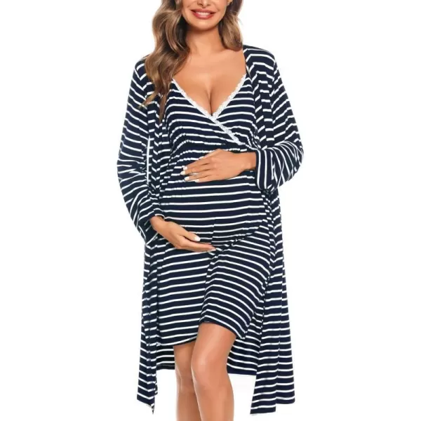 SWOMOG Womens Maternity Robe 2 Piece Nursing Nightgown for Breastfeeding 3 in 1 Labor Delivery Nursing Dress Lace BathrobeZnavy Blue Stripe