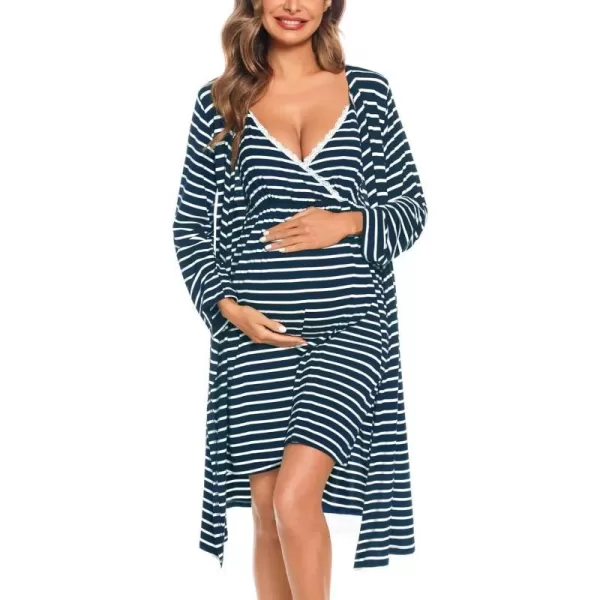 SWOMOG Womens Maternity Robe 2 Piece Nursing Nightgown for Breastfeeding 3 in 1 Labor Delivery Nursing Dress Lace BathrobeZnavy Stripe