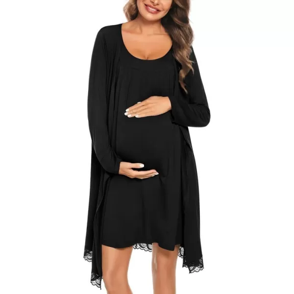 SWOMOG Womens Maternity Robe Set 2 Piece Nursing Nightgown 3 in 1 Labor Delivery Hospital Gown Pregnancy for BreastfeedingBlack