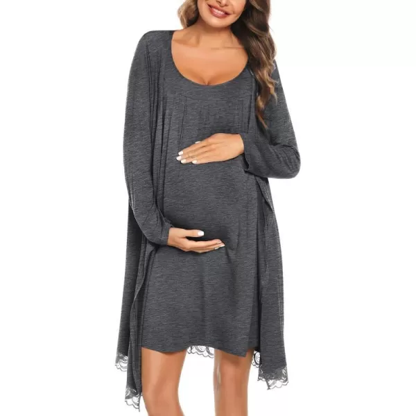 SWOMOG Womens Maternity Robe Set 2 Piece Nursing Nightgown 3 in 1 Labor Delivery Hospital Gown Pregnancy for BreastfeedingDeep Grey