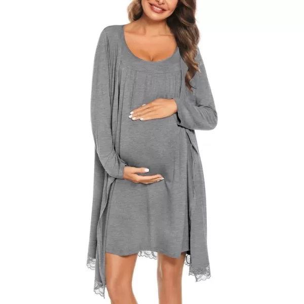 SWOMOG Womens Maternity Robe Set 2 Piece Nursing Nightgown 3 in 1 Labor Delivery Hospital Gown Pregnancy for BreastfeedingGrey