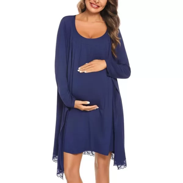 SWOMOG Womens Maternity Robe Set 2 Piece Nursing Nightgown 3 in 1 Labor Delivery Hospital Gown Pregnancy for BreastfeedingNavy Blue