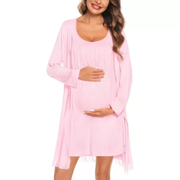 SWOMOG Womens Maternity Robe Set 2 Piece Nursing Nightgown 3 in 1 Labor Delivery Hospital Gown Pregnancy for BreastfeedingPink