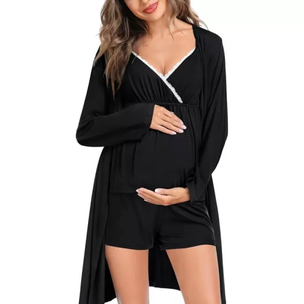 SWOMOG Womens Maternity Robe Set 3 Piece Nursing Pajamas for Breastfeeding 3 in 1 Labor Delivery Hospital Pregnancy PjsBlack