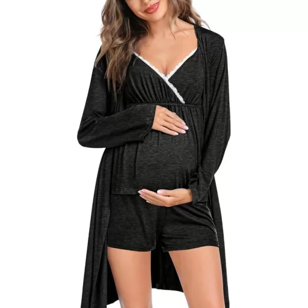 SWOMOG Womens Maternity Robe Set 3 Piece Nursing Pajamas for Breastfeeding 3 in 1 Labor Delivery Hospital Pregnancy PjsBlack Grey