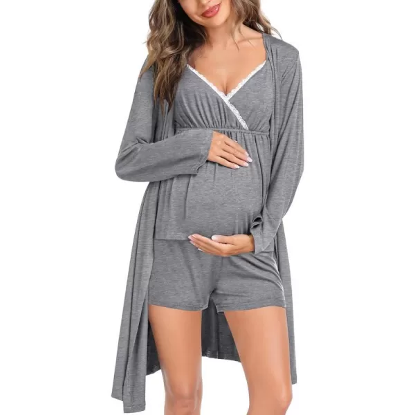 SWOMOG Womens Maternity Robe Set 3 Piece Nursing Pajamas for Breastfeeding 3 in 1 Labor Delivery Hospital Pregnancy PjsGrey