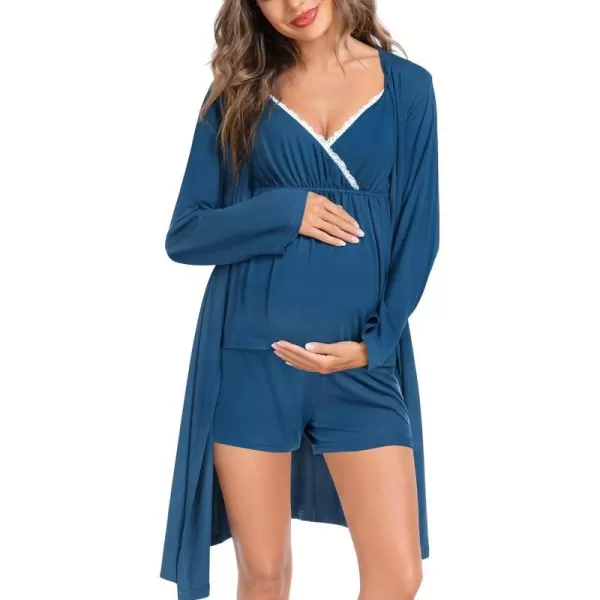 SWOMOG Womens Maternity Robe Set 3 Piece Nursing Pajamas for Breastfeeding 3 in 1 Labor Delivery Hospital Pregnancy PjsPeacock Blue