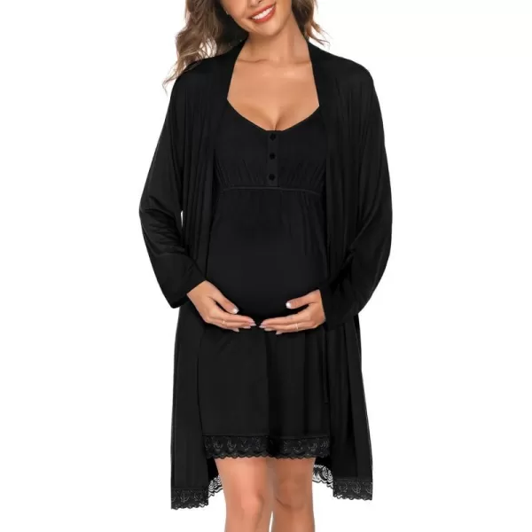 SWOMOG Womens Maternity Robe and Nursing Nightgown Sets for Breastfeeding 3 in 1 Labor Delivery Lace Dress BathrobeBlack