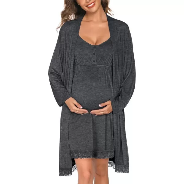 SWOMOG Womens Maternity Robe and Nursing Nightgown Sets for Breastfeeding 3 in 1 Labor Delivery Lace Dress BathrobeDark Gray